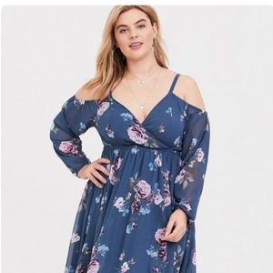 Blue Floral Cold Shoulder Chiffon Dress